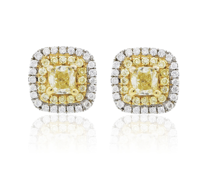 Double Halo Yellow Diamond Earrings